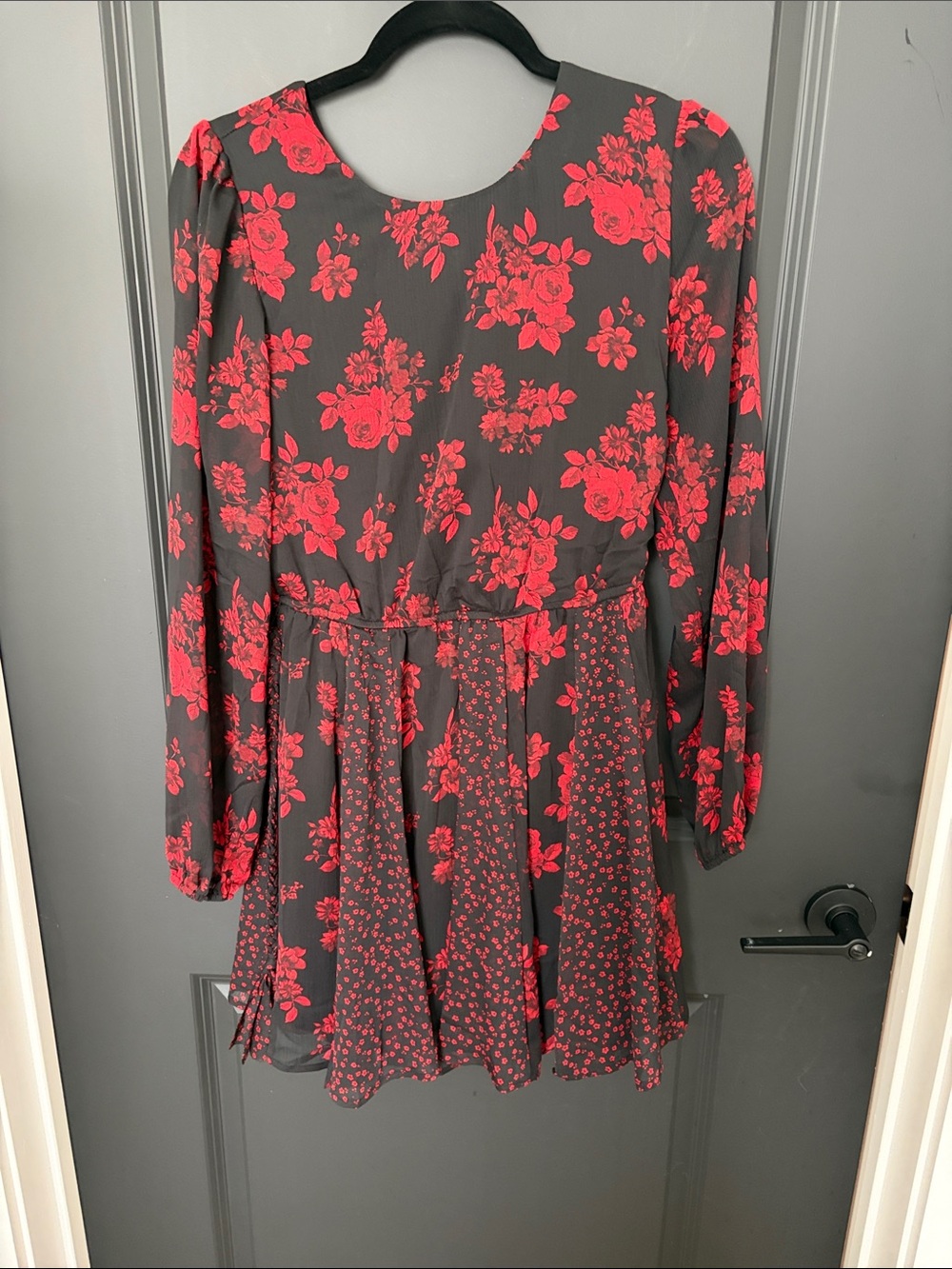City Studio Black Dress with Red Floral Print Midi